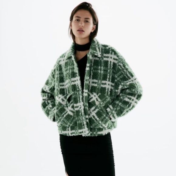 Zara Combination Plaid Fleece Button Front Jacket in Green/White | Small - Picture 3 of 10